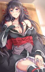  absurdres black_bra black_dress black_hair black_legwear blue_eyes blush bra breasts buwad downblouse dress dutch_angle female hair_ribbon heterochromia highres kirihime_yoruka large_breasts long_hair long_sleeves lying off-shoulder_dress off_shoulder red_ribbon ribbon saijaku_muhai_no_bahamut sleeves_past_wrists smile smug solo table underwear 