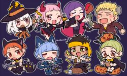  4boys 4girls animal_costume animal_ears bandages bat_(animal) blonde_hair blue_hair braid brown_eyes brown_hair cape cat_costume cat_ears cat_tail chibi claude_von_riegan clipboard closed_eyes coin commentary cookie cosplay crown_braid demon_costume demon_horns demon_tail do_m_kaeru dress fake_animal_ears fake_horns fake_tail fangs feline fire_emblem fire_emblem:_three_houses food frankenstein&#039;s_monster frankenstein&#039;s_monster_(cosplay) glasses green_eyes green_hair halloween halloween_costume hat hilda_valentine_goneril holding holding_staff horns ignatz_victor jack-o&#039;-lantern leonie_pinelli long_hair long_sleeves lorenz_hellman_gloucester lysithea_von_ordelia marianne_von_edmund multiple_boys multiple_girls oerba_yun_fang one_eye_closed open_mouth orange_eyes orange_hair pink_eyes pink_hair pirate_costume pumpkin_hat purple_hair raphael_kirsten short_hair simple_background staff symbol-only_commentary tail thyrsus_(fire_emblem) treasure_chest twintails twitter_username vampire_costume white_hair witch_hat wolf_costume wolf_ears wolf_tail 