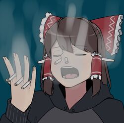  bad_id bad_twitter_id between_fingers black_hoodie bow brown_hair cigarette closed_eyes commentary_request cookie_(touhou) female frilled_bow frilled_hair_tubes frills hair_tubes hairbow hakurei_reimu holding hood hoodie maru_(cookie) ohasi open_mouth red_bow short_hair simple_background smoke smoking solo too_many too_many_cigarettes touhou upper_body you&#039;re_doing_it_wrong 