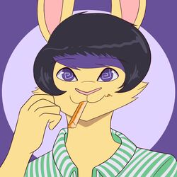  1:1 animated anthro black_hair bust_portrait carrot chewing dami_(damian5320) damian5320 food hair highlights_(coloring) lagomorph leporid male mammal pink_nose plant portrait purple_eyes purple_hair rabbit short_playtime smile solo vegetable 