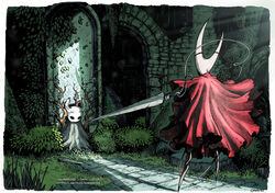  1other against_wall artist_name border branch bush cloak commentary crack cracked_wall english_commentary female flower grey_cloak hatching_(texture) holding holding_weapon hollow_knight hornet_(hollow_knight) knight_(hollow_knight) leaf light_particles light_rays nail_(hollow_knight) needle_(hollow_knight) plant red_cloak shinbross signature standing torn torn_cloak torn_clothes watermark weapon white_flower 