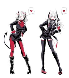  2girls :d armband black_footwear black_jacket black_legwear black_shorts black_skirt boots chika_(keiin) crossover demon_girl demon_horns demon_tail girls&#039;_frontline headgear heart heart-shaped_pupils heart_print helltaker helltaker_dance highres horns jacket knee_boots long_hair m4_sopmod_ii_(girls&#039;_frontline) mask mask_around_neck modeus_(helltaker) multicolored_hair multiple_girls red_eyes red_footwear red_legwear red_sweater short_hair shorts simple_background skirt smile speech_bubble streaked_hair sweater symbol-shaped_pupils tail 