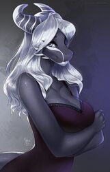  2021 anthro breasts clothed clothing digital_media_(artwork) dragon dress eyebrows eyelashes female fingers grey_body grey_eyes grey_skin hair hi_res horn lingerie looking_at_viewer midnight_(yasmil) mythological_creature mythological_scalie mythology purple_clothing purple_dress scalie simple_background smile solo tail white_hair wingless_dragon yasmil 