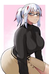  artist_name black-framed_eyewear black_sweater blue_eyes boku_no_hero_academia border breasts commentary english_commentary female glasses gud0c highres large_breasts long_sleeves looking_at_viewer multicolored_hair paid_reward_available parted_lips red_hair sidelocks simple_background skirt solo streaked_hair sweatdrop sweater teeth todoroki_fuyumi white_border white_hair 