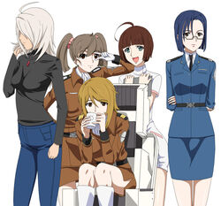  blonde_hair breasts brown_eyes brown_hair closed_mouth harada_makoto long_hair looking_at_viewer military military_uniform mori_yuki multiple_girls niimi_kaoru open_mouth short_hair simple_background smile uchuu_senkan_yamato uchuu_senkan_yamato_2199 uniform v white_background yamamoto_akira yoshida_keiji 