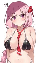  absurdres bad_id bad_twitter_id between_breasts bikini bikini_top_only black_bikini blue_archive blush braid breasts cleavage closed_mouth commentary eimi_(blue_archive) female goyain hair_ornament highres large_breasts long_hair looking_at_viewer necktie necktie_between_breasts panties pink_hair purple_eyes red_necktie signature simple_background single_braid solo swimsuit underwear upper_body very_long_hair white_background white_panties 