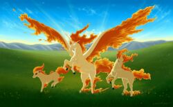  2015 absurd_res cloud equid equine fakemon female feral field fire flaming_hair flaming_mane flaming_tail flaming_wings fur generation_1_pokemon group hi_res horn male mammal mountain mythological_creature mythological_equine mythology nintendo on_hind_legs outside pegasus plains pokemon pokemon_(species) ponyta prancing pseudo_hair pseudo_mane radiance rapidash spread_wings spudfuzz tail tan_body tan_fur trio wings 