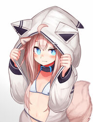  animal_collar animal_ear_fluff animal_ears animal_hood blue_eyes bra collar fang_out female flat_chest hood hood_up hoodie light_brown_hair long_hair long_sleeves looking_at_viewer naked_hoodie oerba_yun_fang open_clothes open_hoodie original reitou_mikan tail underwear wavy_mouth 