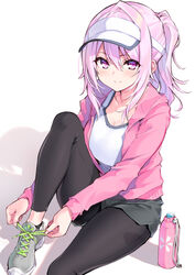  black_pants commentary_request cu-no dolphin_shorts female grey_shorts hair_between_eyes hisen_kaede jacket knee_up leggings long_hair long_sleeves looking_at_viewer open_clothes open_jacket pants pink_hair pink_jacket ponytail purple_eyes shirt shoes short_shorts shorts sidelocks sitting smile sneakers solo visor_cap white_shirt yayoi_sakura 