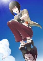  1boy black_shirt blue_sky blunt_bangs brown_jacket cellphone cloud cloudy_sky collared_shirt commentary_request dated day dutch_angle feet female full_body hand_on_own_knee high_heels holding huumoon jacket kagenui_yozuru kaiki_deishuu looking_at_another medium_hair monogatari_(series) multicolored_hair open_clothes open_jacket open_mouth pants phone platform_footwear platform_heels red_eyes red_hair red_pants shadow shirt short_hair short_sleeves signature sky smartphone squatting standing_on_person streaked_hair toenails toes 