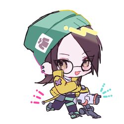  animification beanie black_pants blush brown_eyes brown_hair chibi crossed_arms female glasses green_footwear green_hat hair_behind_ear hat highres jacket killjoy_(valorant) kom0980 pants shirt solo turret valorant walking white_background white_shirt yellow_jacket 