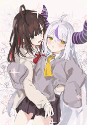  2girls ahoge blush bow brown_hair cardigan colored_inner_hair flower green_eyes grey_hair highres hizuki_yui hololive horns la+_darknesss lily_(flower) long_hair makihitsuji multicolored_hair multiple_girls necktie neo-porte parted_lips pointy_ears purple_hair red_hair school_uniform skirt sleeves_past_wrists sparkle streaked_hair very_long_hair virtual_youtuber yellow_eyes yuri 