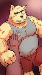  2022 9:16 anthro belly black_nose blush bodily_fluids bottomwear bulge canid canine canis clothing domestic_dog duo hi_res humanoid_hands kemono kick_(artist) male mammal moob_grab overweight overweight_male shirt shorts solo_focus sweat topwear 