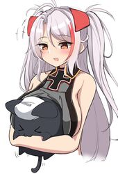  &gt;3&lt; &gt;_&lt; +++ :3 absurdres animal animal_hug azur_lane bare_shoulders black_cat breasts commentary_request cropped_torso feline female headgear highres large_breasts light_purple_hair long_hair meowfficer_(azur_lane) moyoron multicolored_hair orange_eyes prinz_eugen_(azur_lane) red_hair sideboob simple_background two-tone_hair upper_body white_background 