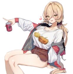  bad_id bad_pixiv_id bare_legs black_shorts blonde_hair blush breasts can cleavage commentary cowboy_shot dolphin_shorts drink eyelashes female hair_between_eyes heart highres holding holding_can invisible_chair jack-o&#039;-lantern_print jacket large_breasts long_hair long_sleeves looking_at_viewer multicolored_clothes multicolored_jacket nijisanji nui_sociere nui_sociere_(2nd_costume) oerba_yun_fang off_shoulder open_clothes open_jacket open_mouth ponytail red_jacket shirt short_shorts shorts simple_background sitting smile solo t-shirt thighs two-tone_jacket uhhgaoh virtual_youtuber white_background white_jacket white_shirt yellow_eyes 