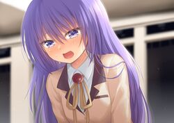  alternate_costume angel_beats! blazer blurry commentary_request depth_of_field female indoors irie_miyuki jacket leaning_forward long_hair nakamura_hinato neck_ribbon open_mouth purple_eyes purple_hair ribbon school_uniform solo tears 