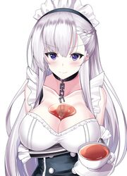  azur_lane belfast_(azur_lane) blush braid breasts cleavage closed_mouth collarbone commentary crossed_arms cup dress female french_braid grey_hair highres large_breasts long_hair looking_at_viewer maid maid_headdress purple_eyes reflection smile solo teacup upper_body wakamezake white_background yan_lie 