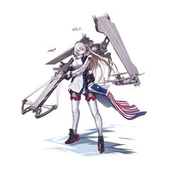  a-5_vigilante absurdres aircraft airplane american_flag american_flag_print black_legwear boots breasts brown_eyes c-1_trader crossbow e-2_hawkeye f-4_phantom_ii female flag_print flight_deck grey_hair headphones highres holding holding_weapon large_breasts long_hair long_sleeves machinery mecha_musume military military_vehicle onceskylark original pantyhose personification photoshop_(medium) solo thigh_boots thighhighs uss_america_(cv-66) weapon white_footwear 