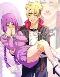  1boy ass bad_id bad_twitter_id bare_legs belt black_jacket blonde_hair blush boruto:_naruto_next_generations carrying carrying_person closed_eyes collar commentary_request couple dress embarrassed female full-face_blush hands_on_own_face highres jacket kakei_sumire legs light_blush miiutamiii_(artist) naruto_(series) no_panties open_clothes open_jacket open_mouth princess_carry purple_hair sailor_collar sailor_dress short_dress straight teeth twintails uzumaki_boruto 