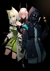  1other 2girls absurdres animal_ear_fluff animal_ears arknights bare_shoulders black_background black_choker black_gloves black_jacket choker closed_eyes commentary_request criss-cross_halter cropped_legs doctor_(arknights) dress facing_viewer gloves green_dress green_eyes hair_between_eyes halterneck hand_up highres holding hood hooded_jacket horns iku!_iku!! jacket kal&#039;tsit_(arknights) long_hair long_sleeves looking_at_viewer material_growth multiple_girls off-shoulder_dress off_shoulder open_clothes open_jacket originium_(arknights) oripathy_lesion_(arknights) pink_hair short_dress simple_background smile star_of_life theresa_(arknights) white_hair 