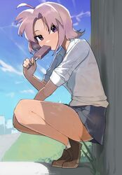  100_percent_orange_juice absurdres bare_legs blue_skirt blue_sky brown_footwear commentary_request commission eating female food full_body highres ice_cream legs outdoors panties pantyshot popsicle purple_eyes purple_hair shirt skirt sky solo squatting tomomo_(orange_juice) toufu_(tofu_prprpr) underwear white_panties white_shirt 