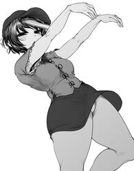  blush cabbie_hat female greyscale haseru_(ginku_mh) hat highres jiangshi looking_at_viewer miyako_yoshika monochrome ofuda open_mouth outstretched_arms panties shirt short_hair simple_background skirt solo touhou underwear zombie_pose 