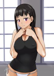  bare_shoulders black_hair black_tank_top blush breasts breasts_squeezed_together cleavage covered_nipples en&#039;en_no_shouboutai female large_breasts long_hair looking_at_viewer maki_oze panties ponytail puffy_nipples purple_eyes side-tie_panties sidelocks smile solo tank_top underwear valo_(jonjulio) white_panties 