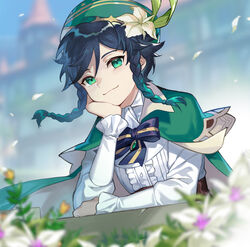  1boy absurdres black_hair blurry blurry_background braid cape center_frills closed_mouth commentary depth_of_field eyebrows_hidden_by_hair frills genshin_impact gradient_hair green_cape green_eyes green_hair green_hat hair_between_eyes hat highres long_hair long_sleeves looking_at_viewer male_focus multicolored_hair puffy_long_sleeves puffy_sleeves shirt sin_(btc86amme) smile solo twin_braids twintails upper_body venti_(genshin_impact) white_shirt 