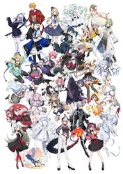  3boys 6+girls absurdres ahoge alba_sera amane_luna_(vtuber) ameniwa_yae anew_uparu animal_ears aomiya_yozuri aqua_hair asymmetrical_legwear audrey_mina bandaged_arm bandaged_horn bandaged_leg bandages bat_hair_ornament bird_hood black_hair blonde_hair blue_eyes blue_hair bow breast_zipper breasts broken_horn cotonoha detached_sleeves dog_ears dragon_girl dragon_horns dragon_tail dress earrings erai_amae fox_ears fox_tail full_body geppaku_lui glasses gloves green_eyes grey_hair hair_between_eyes hair_ornament hat heterochromia highres hinahoshi_airu hitoshiro_itsuki hiyori_chihiyo hood horns jacket jewelry kagase_uno kashi_otoha kitashirakawa_kakapo kokuyou_lira kujou_ringo light_brown_hair long_hair long_sleeves looking_at_viewer low_twintails luminous_sweet makicha_(sasurainopink) maru_nanamona mew_garcia mini_hat mismatched_legwear multicolored_bow multicolored_hair multiple_boys multiple_girls nhot_bot one_eye_closed open_mouth orange_eyes oshiro_ito otokado_ruki pink_hair pink_shirt plaid plaid_skirt ponytail purple_eyes purple_hair red_eyes red_hair red_jacket sazanami_toa seira_mint shindouji_ako shirt short_sleeves simple_background skirt smile streaked_hair syusetu_kohaku tail tulsi_nightmare twintails uriyone uzume_(vtuber) vee_(vtuber) versen very_long_hair virtual_youtuber white_dress white_hair white_shirt yurikawa_yun 