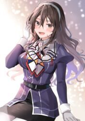  :d absurdres ascot ashigara_(kancolle) ashigara_kai_ni_(kancolle) belt black_skirt blush breasts brown_eyes brown_hair collared_shirt female gloves gradient_background hair_between_eyes hairband highres jacket kantai_collection long_hair long_sleeves looking_at_viewer medium_breasts oerba_yun_fang open_mouth pantyhose pink_background sailor_collar shirt skirt smile solo uniform wavy_hair white_gloves white_pantyhose white_shirt yunamaro 