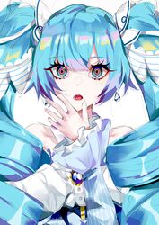  absurdres aqua_eyes bad_id bad_twitter_id bare_shoulders blue_hair commentary drill_hair earrings female hatsune_miku highres jewelry long_hair long_sleeves looking_at_viewer mikaduki_3636 multicolored_eyes open_mouth red_pupils ringed_eyes simple_background solo upper_body vocaloid white_background yuki_miku yuki_miku_(2019) 