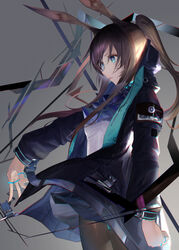  absurdres amiya_(arknights) animal_ears arknights black_jacket black_pantyhose blue_eyes breasts brown_hair coat commentary expressionless eyelashes female frills grey_background highres hood hooded_jacket jacket jewelry long_hair me/r medium_breasts multiple_rings open_clothes open_coat open_jacket originium_arts_(arknights) pantyhose rabbit_ears rabbit_girl ring shirt skirt solo thumb_ring white_shirt 