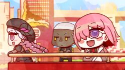  1boy 2girls bare_pectorals black-framed_eyewear black_dress black_headwear bow buzz_cut chibi crew_cut dark-skinned_male dark_skin dress emiya_alter fate/extra fate/grand_order fate_(series) glasses gothic_lolita hair_over_one_eye highres jacket korean_commentary l.n lolita_fashion mash_kyrielight multiple_girls necktie nursery_rhyme_(fate) parody pectorals purple_eyes purple_hair riyo_(lyomsnpmp)_(style) short_hair striped striped_bow style_parody very_short_hair white_hair yellow_eyes 