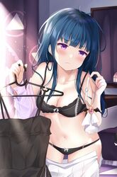  :&lt; bed black_dress black_panties blue_hair blunt_bangs blush bow bow_bra bow_panties bra breasts cleavage clothes_hanger collarbone curtains dark_blue_hair depe dress female frown highres indoors lace lace-trimmed_bra lace_trim lamp long_hair love_live! love_live!_sunshine!! messy_hair mirror navel neckerchief panties pleated_skirt purple_eyes shirt skirt sleeveless sleeveless_dress small_breasts solo sunlight tsushima_yoshiko underwear unworn_clothes unzipped white_bow white_shirt white_skirt 