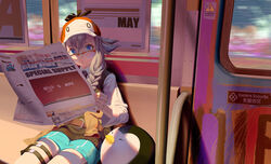  aqua_shorts arknights baseball_cap bird bison_(arknights) black_necktie blue_eyes blush braid brown_vest cameo character_name chinese_commentary chinese_text collared_shirt commentary dress_shirt english_text eyelashes female glasses grey_hair hat highres holding holding_newspaper kfc logo looking_at_viewer looking_over_eyewear may_(arknights) may_(elite_ii)_(arknights) medium_hair necktie newspaper open_mouth orange_hat parted_lips penguin photoshop_(medium) red-framed_eyewear semi-rimless_eyewear shirt short_shorts shorts side_braid sitting solo thigh_strap thighs train_interior two-tone_headwear vest white_hat white_shirt yetecong 