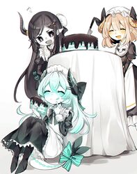  3girls :d :q ^_^ apron astaroth_(noyuki13) bad_id bad_twitter_id black_bow black_dress black_eyes black_hair blonde_hair blush bow bun_cover cake closed_eyes colored_skin commentary demon_horns dragon_tail dress eating food frilled_dress frills green_bow hairbow hat highres horns juliet_sleeves knife long_hair long_sleeves looking_at_another maid medium_hair mint_chocolate mob_cap multiple_girls noyuki13 open_mouth original pointy_ears puffy_sleeves sitting smile table tablecloth tail tail_bow tail_ornament tongue tongue_out very_long_hair white_apron white_hair white_skin 