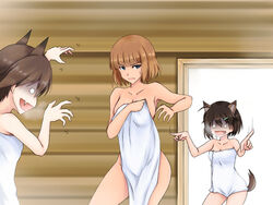  3girls ahoge animal_ears blue_eyes blunt_bangs breasts brown_hair cleavage commentary_request dog_ears dog_girl dog_tail groin gundula_rall isosceles_triangle_(xyzxyzxyz) karibuchi_hikari large_breasts medium_breasts medium_hair miyafuji_yoshika multiple_girls multiple_wings naked_towel no_pupils oerba_yun_fang sauna skin_fang squirrel_ears squirrel_girl squirrel_tail steam sweatdrop tail thighs towel white_eyes wings world_witches_series 