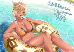  absurdres animal_ears armpits beach beach_chair beach_umbrella bikini blonde_hair blurry blurry_background blush braid breasts cat_ears cat_girl cleavage collarbone commentary_request commission cowboy_shot dark-skinned_female dark_skin dated facial_mark female final_fantasy final_fantasy_xiv flower food hair_between_eyes hair_flower hair_ornament highres holding holding_food innertube large_breasts licking looking_at_viewer masaki_nanaya midriff miqo&#039;te navel ocean open_mouth partially_submerged popsicle ripples sand shadow short_hair side_braid sidelocks signature slit_pupils solo sparkle swim_ring swimsuit tongue tongue_out umbrella warrior_of_light_(ff14) wet whisker_markings yellow_bikini 