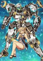  absurdres assault_visor baldr_(series) baldr_sky blush bow brown_eyes clenched_hands commentary_request female floating garimpeiro grey_skirt hairbow hand_on_own_chest highres looking_at_viewer mecha minazuki_sora open_hand open_mouth robot sandals science_fiction shadow_wolf skirt two_side_up 