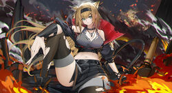  absurdres animal_ears aqua_eyes arknights bare_shoulders black_footwear black_hairband black_jacket black_skirt black_thighhighs blonde_hair bracer breasts cleavage commentary crop_top female fire genera-x grey_tank_top hair_ornament hairband hairclip highres horn_(arknights) jacket knee_up large_breasts long_hair looking_at_viewer midriff miniskirt navel parted_lips sitting skirt solo stomach tank_top thighhighs thighs torn_clothes torn_thighhighs very_long_hair wolf_ears 