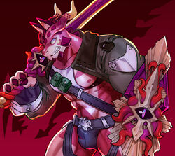  1boy abs bara bulge chest_harness clenched_teeth clothing_cutout colored_sclera cropped_shirt crotchless crotchless_pants cthugha_(housamo) feet_out_of_frame from_side furry furry_male harness jacket large_pectorals looking_to_the_side male_focus monster_boy muscular muscular_male navel nipples octopus_boy open_clothes open_jacket over_shoulder pants pectorals purple_eyes ryulabo sidepec solo stomach sword sword_over_shoulder teeth tentacle tentacle_hair thick_thighs thigh_cutout thighs tokyo_afterschool_summoners weapon weapon_over_shoulder yellow_sclera 