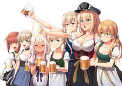  &gt;_&lt; 6+girls alcohol alternate_costume aqua_eyes beer beer_mug bismarck_(kancolle) blonde_hair blue_eyes blush braid breasts brown_eyes cleavage closed_mouth collarbone country_connection cup dirndl enemy_naval_mine_(kancolle) flower german_clothes grabbing grabbing_another&#039;s_breast graf_zeppelin_(kancolle) grey_headwear hair_between_eyes hair_flower hair_ornament hat highres holding holding_cup ichikawa_feesu kantai_collection large_breasts long_hair mug multiple_girls oktoberfest open_mouth peaked_cap pink_flower prinz_eugen_(kancolle) puffy_short_sleeves puffy_sleeves purple_eyes red_hair ro-500_(kancolle) shin&#039;you_(kancolle) short_hair short_sleeves sidelocks simple_background single_braid smile twintails white_background z1_leberecht_maass_(kancolle) z1_leberecht_maass_(oktoberfest_mode)_(kancolle) z3_max_schultz_(kancolle) 