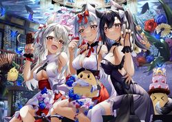  &gt;_&lt; 3girls animal_ear_fluff animal_ears anniversary azur_lane bare_shoulders bird black_dress black_hair black_nails bouquet breasts bug butterfly cake candle chick claw_pose dress flower food fork green_nails hair_ribbon hands_up highres holding holding_fork licking_lips long_hair looking_at_viewer manjuu_(azur_lane) multiple_girls nail_polish oerba_yun_fang official_alternate_costume red_dress red_eyes red_nails red_ribbon ribbon shigure_(azur_lane) shigure_(the_ballroom&#039;s_lucky_star)_(azur_lane) tail tongue tongue_out werewolf_kg white_dress white_hair white_ribbon yukikaze_(azur_lane) yukikaze_(winter&#039;s_snowy_wind)_(azur_lane) yuudachi_(azur_lane) yuudachi_(carnivore_carnival!)_(azur_lane) 