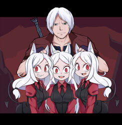  1boy 3girls animal_ears arm_garter black_necktie black_suit black_tail black_vest caibao_return cerberus_(helltaker) closed_mouth coat collarbone commentary crossover dante_(devil_may_cry) demon_girl demon_tail devil_may_cry_(series) dog_ears dog_girl english_commentary facial_hair fingerless_gloves formal gloves green_eyes grin hand_on_another&#039;s_head height_difference helltaker highres leaning_forward letterboxed long_hair long_sleeves looking_at_viewer matching_outfits multiple_girls necktie oerba_yun_fang open_mouth parted_bangs red_shirt shirt short_hair smile suit sword tail teeth triplets upper_body upper_teeth_only v_arms vest waistcoat weapon weapon_on_back white_hair 