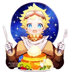  +_+ 1boy alternate_costume artist_name blonde_hair blue_eyes blush bright_pupils cake fate/grand_order fate/requiem fate_(series) food fork fruit gloves glowing goggles goggles_on_head kiwi_(fruit) knife looking_at_viewer male_focus meiji_ken napkin open_mouth orange_(fruit) parted_bangs raspberry scarf short_hair sky smile solo sparkling_eyes star_(sky) star_(symbol) starry_background starry_sky upper_body voyager_(fate) voyager_(third_ascension)_(fate) yellow_scarf 