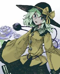  black_hat bow buttons collared_shirt cropped_legs diamond_button eyeball female floral_background frilled_shirt_collar frilled_sleeves frills ghostship55 green_hair green_skirt hair_between_eyes hat hat_ribbon highres komeiji_koishi light_green_hair long_sleeves looking_at_viewer medium_hair open_mouth ribbon shirt simple_background skirt smile solo third_eye touhou wavy_hair white_background wide_sleeves yellow_bow yellow_ribbon yellow_shirt 