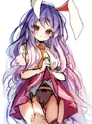  :o animal_ears black_panties blush bow bow_panties breasts brown_eyes brown_thighhighs clothes_lift collared_shirt commentary_request female garter_straps lifting_own_clothes long_hair looking_at_viewer medium_breasts necktie panties parted_lips piyokichi pleated_skirt puffy_short_sleeves puffy_sleeves purple_hair purple_skirt rabbit_ears reisen_udongein_inaba shirt short_sleeves simple_background skirt skirt_lift solo thighhighs touhou underwear very_long_hair white_background white_shirt yellow_necktie 