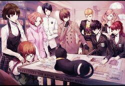  4boys 5girls absurdres akechi_gorou amamiya_ren bad_id bad_twitter_id black_hair blonde_hair braid brown_hair commentary_request copyright_name crown_braid english_text everyone feline glasses gloves hair_between_eyes hair_ornament hairclip headphones highres jacket kitagawa_yuusuke morgana_(persona_5) multiple_boys multiple_girls niijima_makoto okumura_haru orange_hair pantyhose persona persona_5 persona_5_the_royal plaid plaid_skirt pleated_skirt ponytail red_hair sakamoto_ryuuji sakura_futaba school_uniform shirt short_hair shuujin_academy_school_uniform skirt takamaki_anne twintails white_shirt yoshizawa_kasumi yuu_(isis7796) 