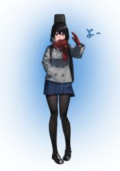  :d beeeeen black_hair black_pantyhose blue_skirt blush breath coat commentary female full_body green_eyes hair_between_eyes hand_in_pocket highres loafers mittens necktie open_mouth original pantyhose pleated_skirt scarf school_uniform shoes skirt smile solo standing 