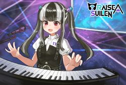  :d bang_dream! belt black_belt black_dress black_hair blunt_bangs blurry blurry_background blush commentary dress female group_name hair_bobbles hair_ornament highres instrument keyboard_(instrument) long_hair looking_down microphone microphone_stand multicolored_hair music nyubara_reona open_mouth playing_instrument pocari_(sq551) purple_background red_eyes shirt short_sleeves sidelocks smile solo stage stage_lights standing twintails two-tone_hair upper_body white_hair white_shirt 